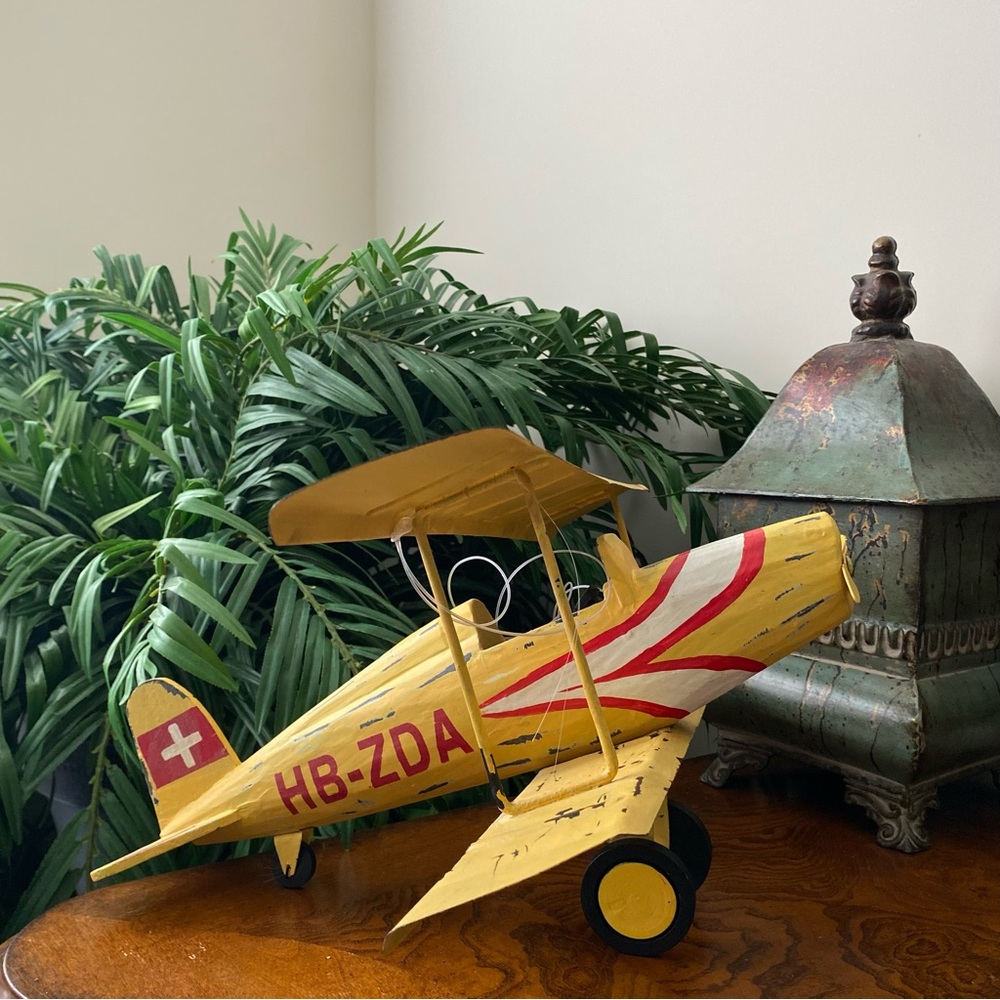 Vintage Swiss Yellow “HB-ZDA” Metal and Wood Biplane Model Airplane